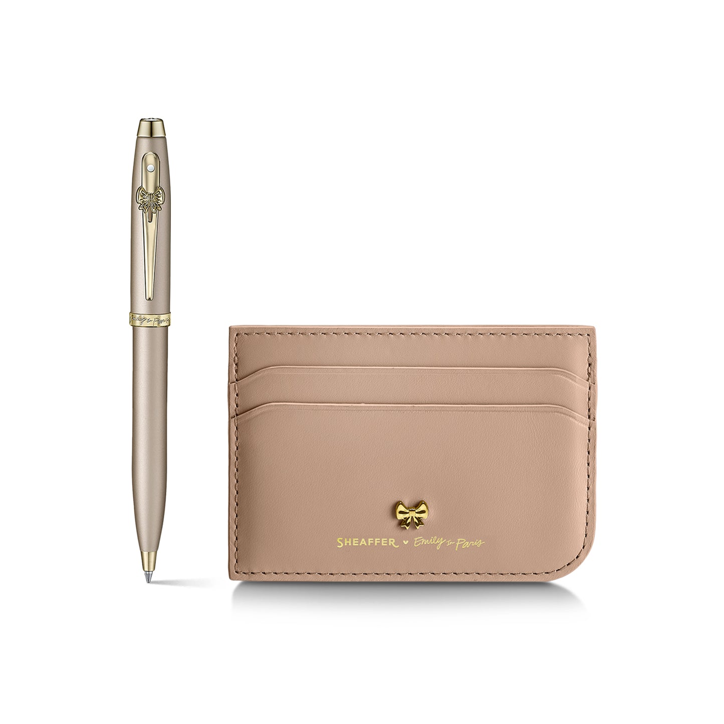 Sheaffer 100 EIP 9377 Champagne Gold Ballpoint Pen with Champgne Gold Trim and Full-Grain Credit Card Holder - Gift Set