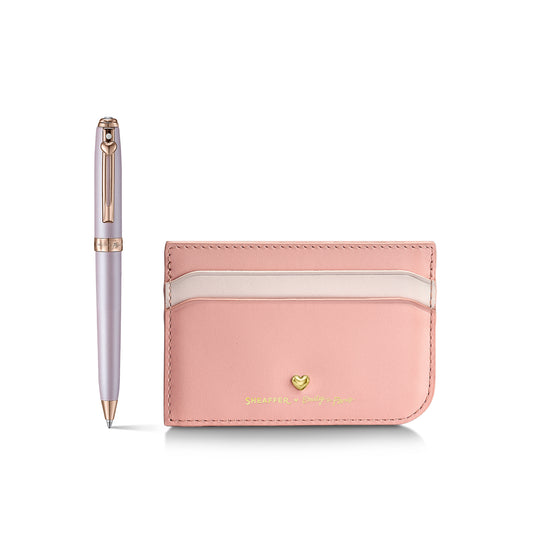 Sheaffer Gift Set - EIP Prelude Mini 9810 Pastel Pink Ballpoint Pen with Swarovski Crystal and Full-Grain Leather Credit Card Holder