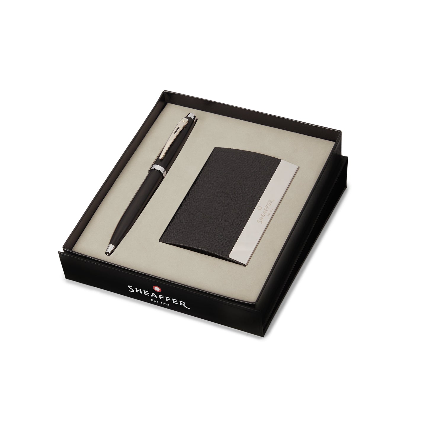 Sheaffer Gift Set ft. Matte Black 100 Ballpoint Pen with Chrome Trims and Business Card Holder